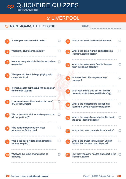 Premier League Trivia Quiz - Sample Pack  - 2 Countries With Answers