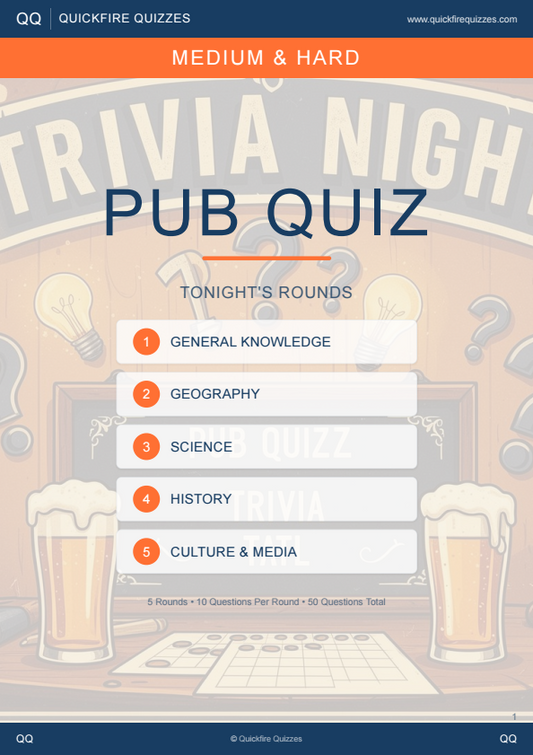 Pub Quiz Trivia 4 | 50 Questions | (General Knowledge, Geography, Science, History, Culture)